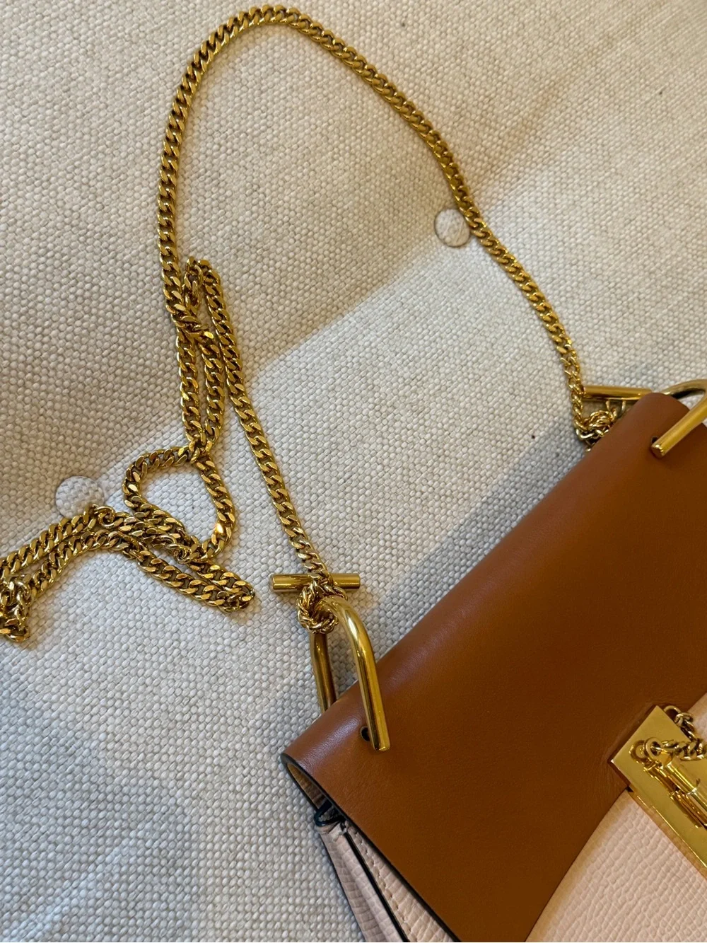 Chloe Drew Two-Tone Blush Pink and Cognac Brown Shoulder Bag with Gold Hardware